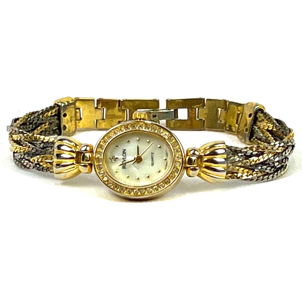 Vintage Y2K Revlon Crystal Rhinestone Watch Gold Tone Silver Braided Band Womens